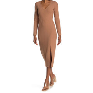 NSR Willow Ribbed Midi Dress Women's V-Neck Long Sleeve Women's Tan Size M